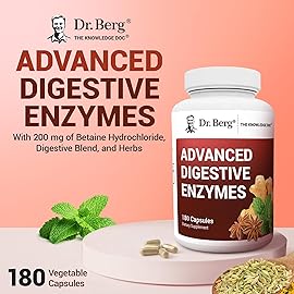 Dr. Berg Advanced Digestive Enzymes with Apple Cider Vinegar - Includes Digestive Health Ingredients Like Betaine Hydrochloride (HCI), Ginger Root & Peppermint Leaf - 180 Capsules