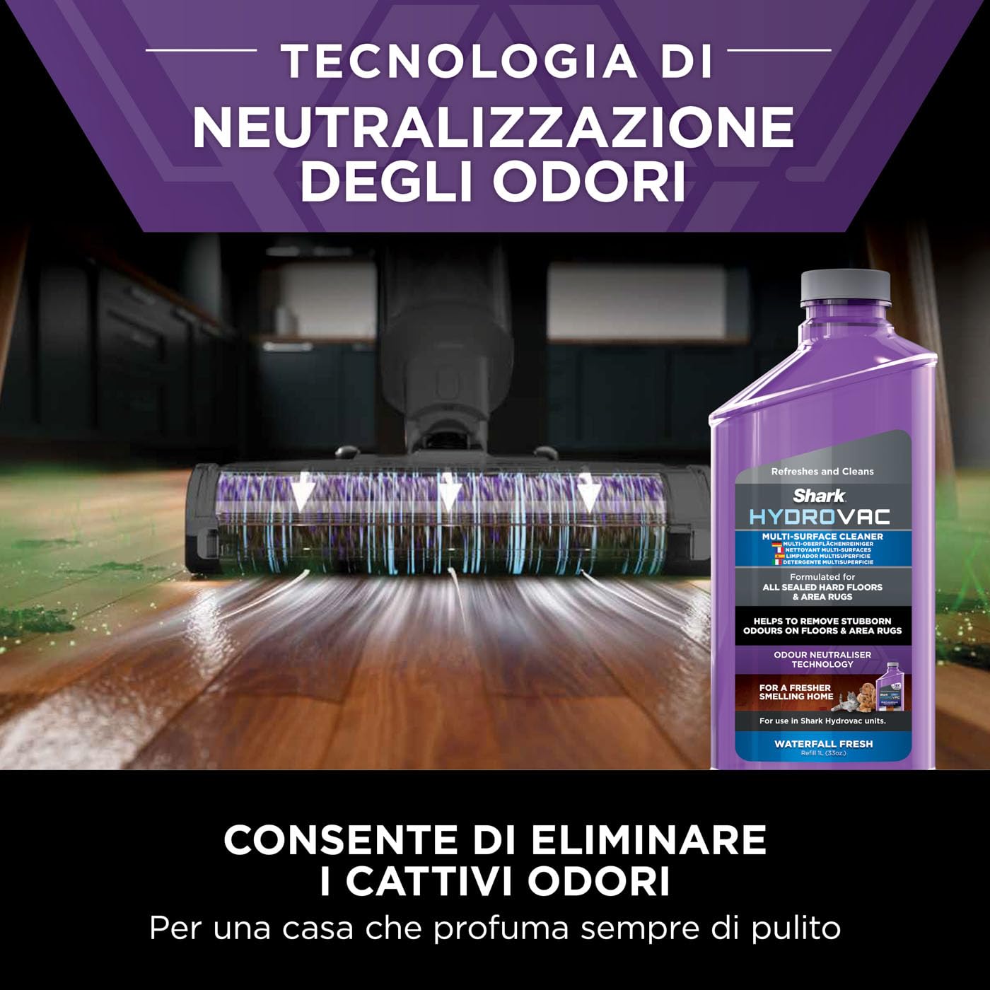 Shark HydroVac, Aspirapolvere e lavapavimenti senza filo con spazzola antimicrobica e liquido multisuperficie neutralizzatore di odori, autopulente, wet & dry, grigio WD210EUCP