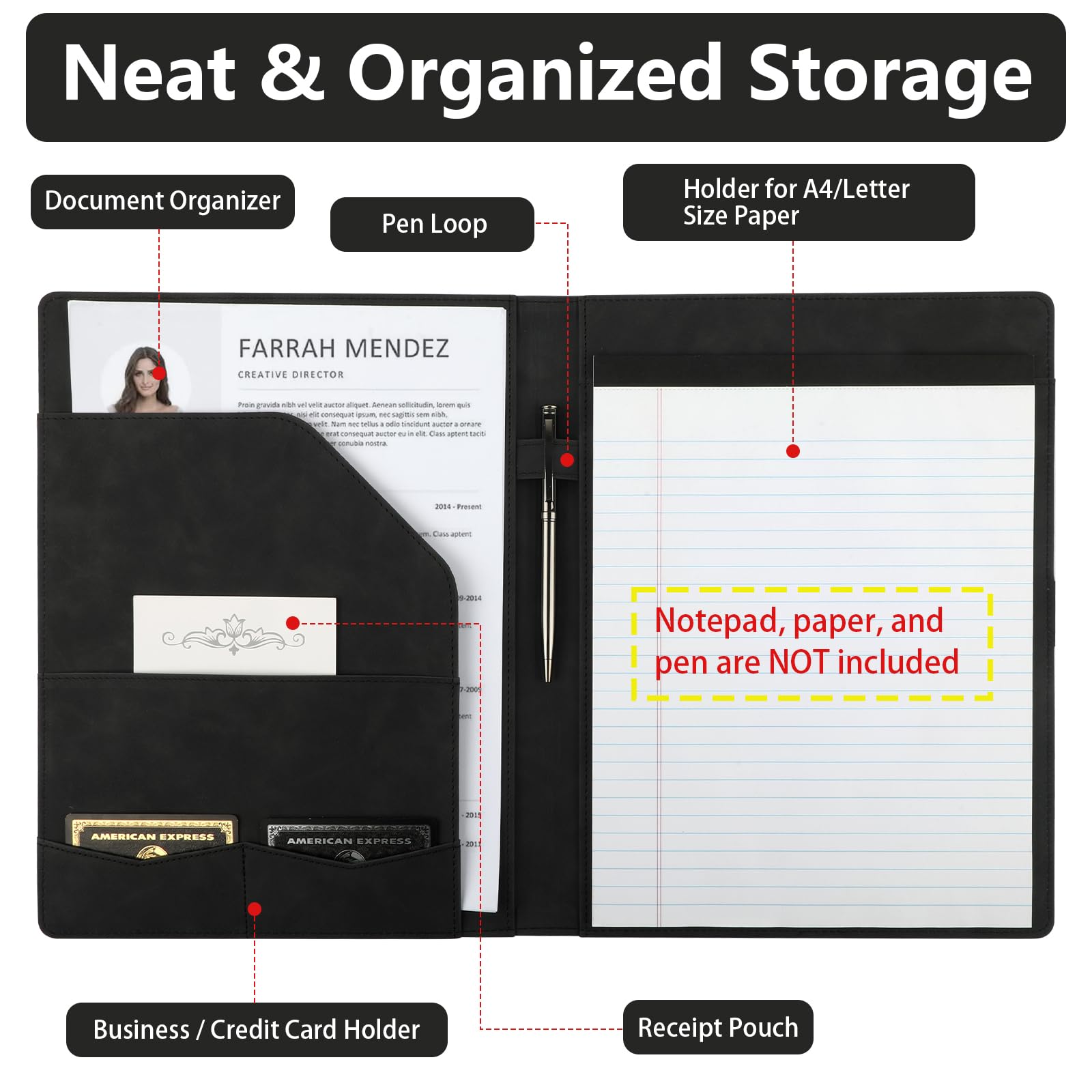 Profesjonalny segregator do teczek Padfolio, teksturowany, wytłaczany, organizer na teczki ze sztucznej skóry, na notatnik, notatnik, etui na karty dla kobiet, mężczyzn, konferencji biurowej (czarny)