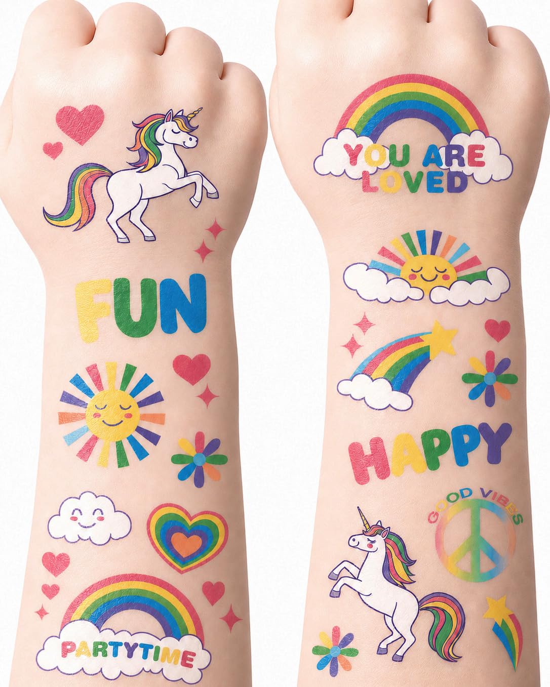 Rainbow Temporary Tattoos for Kids - 88 Cute Designs, Unicorn Birthday Party Favors, Goodie Bag Fillers, Baby Shower Supplies, Waterproof Fake Tattoos (88)