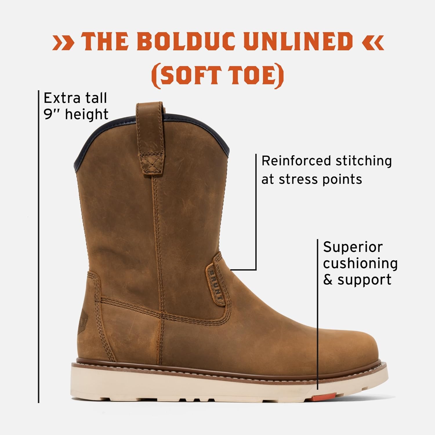 BRUNT Bolduc Unlined (Soft Toe) - 9" Water-Resistant Pull-On Wedge Work Boot - EH Rated - Slip + Oil Resistant - Heat-Resistant Sole - Adjustable Width System
