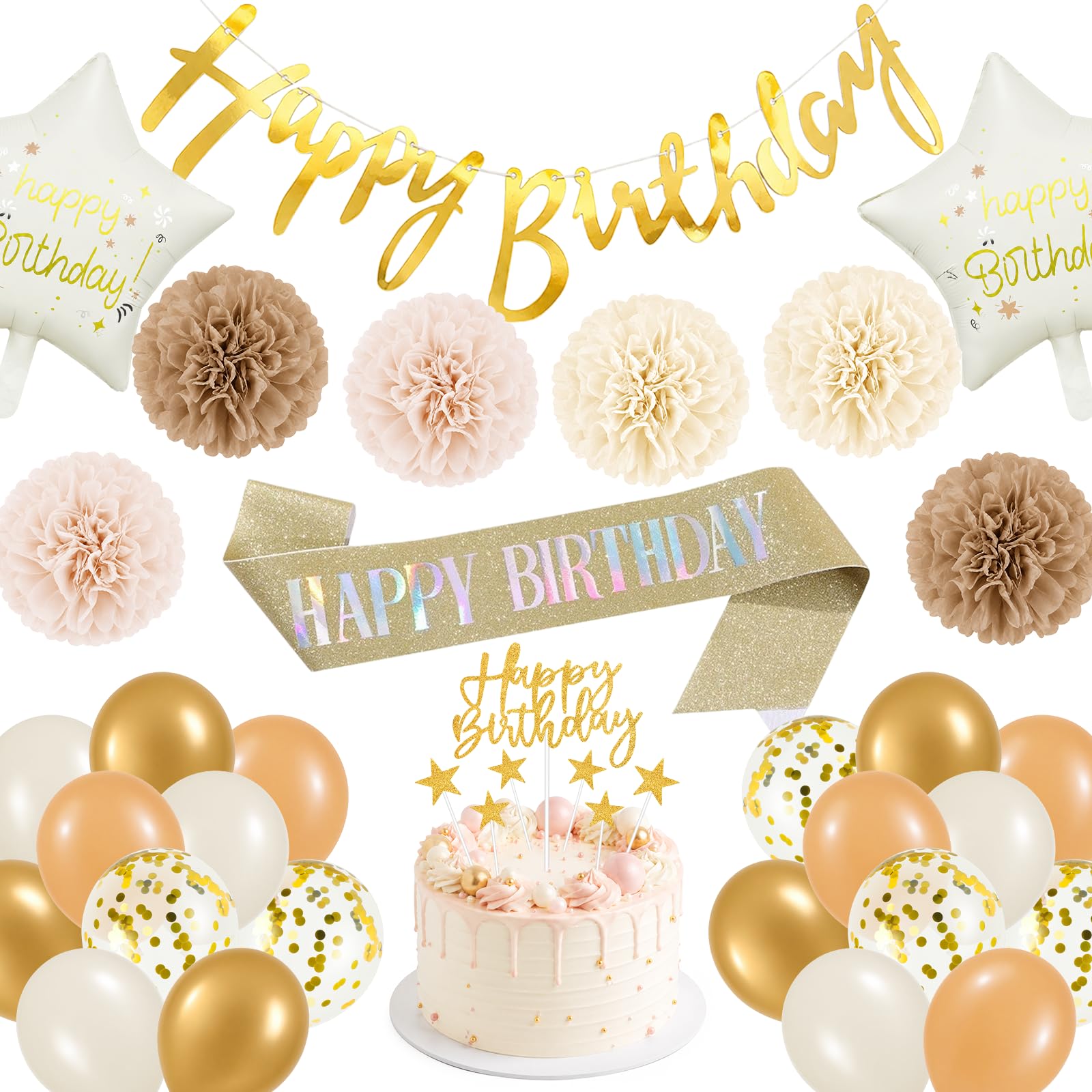 31Pcs Beige Birthday Party Decorations Set, Happy Birthday Decorations Kit with Hanging Banner Balloons Paper Pompoms Sash Cake Topper for Women Girls Birthday Decor