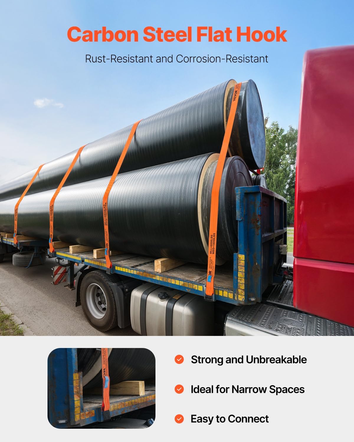 VEVOR Truck Straps, 4" x30' Heavy Duty Tie Down w/Flat Hooks 18,000lbs Break Strength, WLL# 6000lbs, Cargo Straps tie Down for Flatbeds, Trucks, Trailers, Farms, Rescues, Tree Saver, Orange(10 Pack) - Image 4