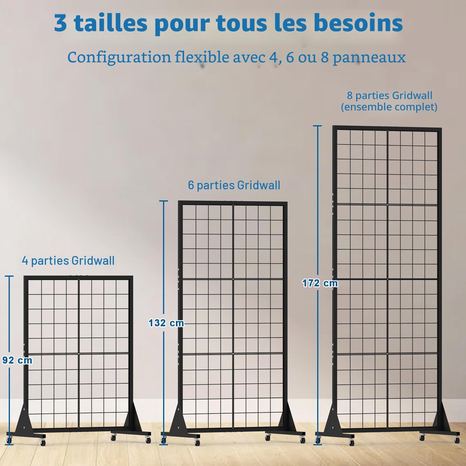 Grille d’Exposition sur Pied 65x172 cm – Présentoir Grille Métallique avec Roulettes, Panneau Grille Amovible avec Crochets pour Magasins, Marchés et Salons Artisanaux