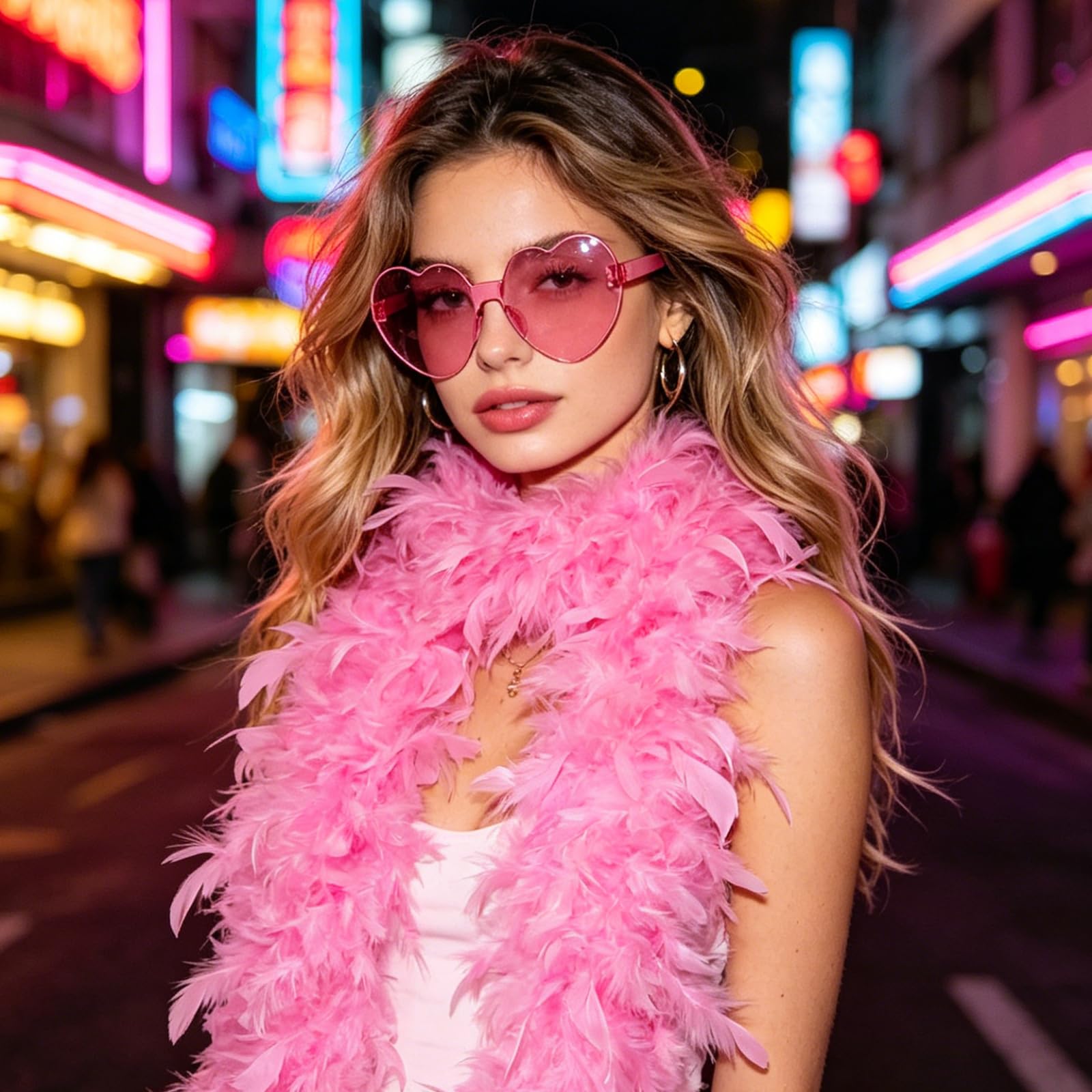 2M Boa Plume avec Lunettes en Forme de Cœur Sans Monture, Boa Rose de Dinde, Boa de Plumes, Châle en Plumes pour Déguisement, Fête à Thème, Carnaval, Cosplay, Mariage, Danse