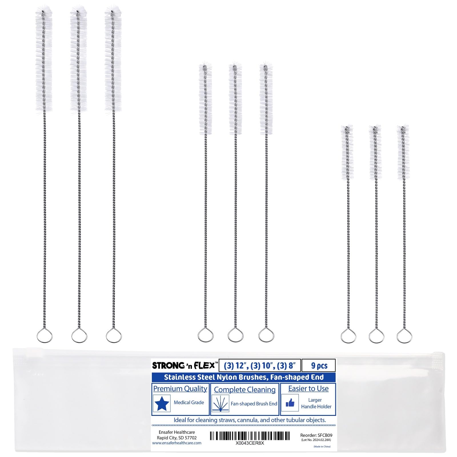 Strong 'n Flex Nylon Straw Cleaner Brushes – Fan-Shaped End for Tight Spaces, Ideal for Reusable Straws, Water Bottles, Sippy Cups & Pipes – Includes