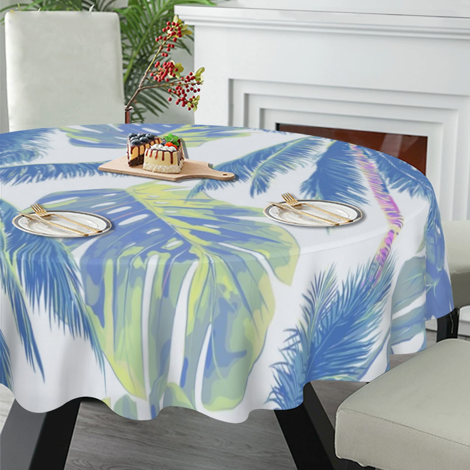 Tovaglia rotonda con motivo tropicale giungla da 60 pollici in poliestere lavabile con foglie di palma per cucina, feste, caffè, bar, sala da pranzo, decorazione da tavolo