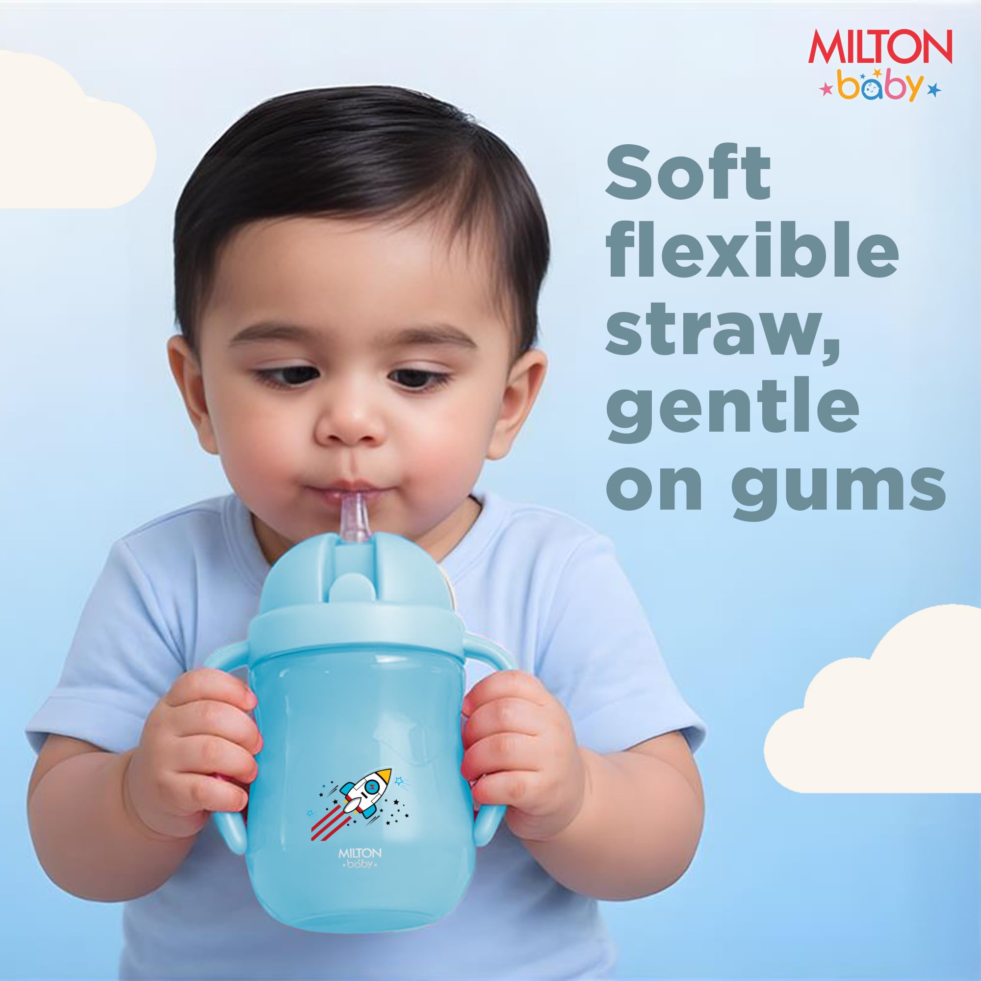 Milton Baby Flexible Straw Sipper Bottle | 360° Drinking with No-Spill Weighted Straw | BPA-Free, Food-Grade Material |Microwave & Sterilizer Safe,Sipper water bottle for kids 12+ Month,270 ml,Sky Blue 2