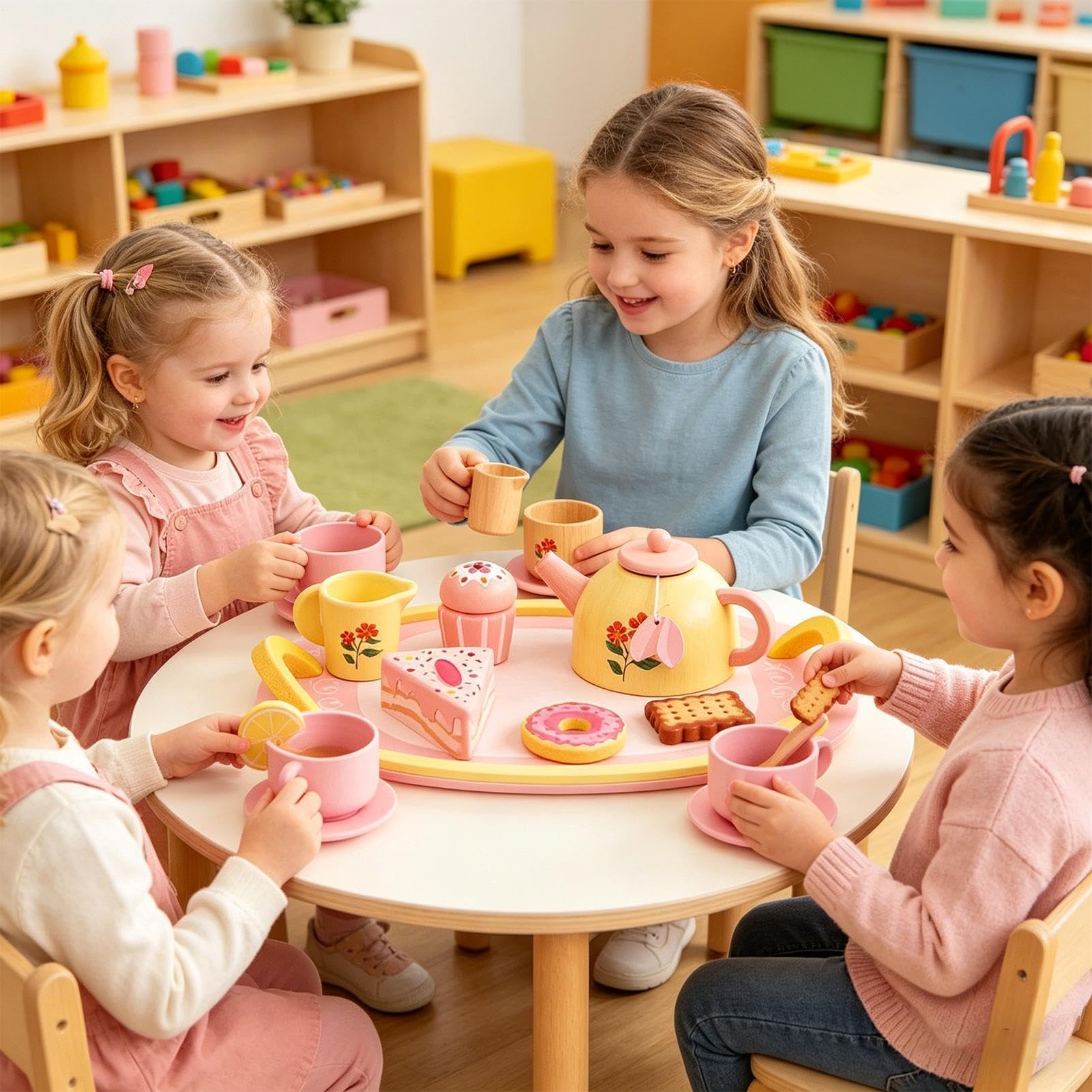 Set Tea Party Per Bambini In Legno Con Dolci Di Imitazione 16 Pezzi