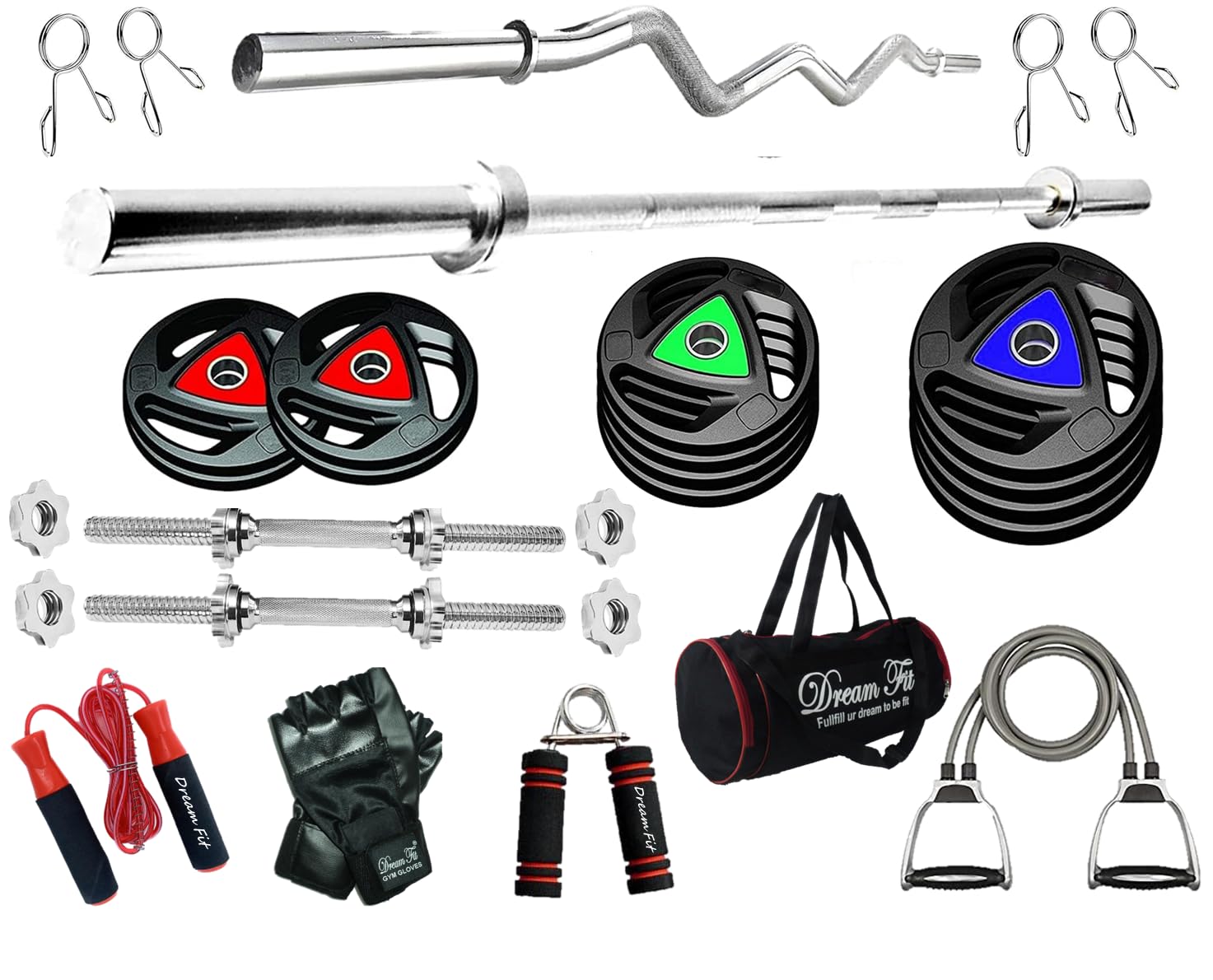 DREAM FIT Professional Metal Integrated Rubber Coated Plates Combo - 30Kg Home Gym Set with 25mm 3 ft curl Rod, 25mm 5 ft Straight Rod, 1 Pair Dumbbell rods with Star Nuts and Gym Accessories-image-46