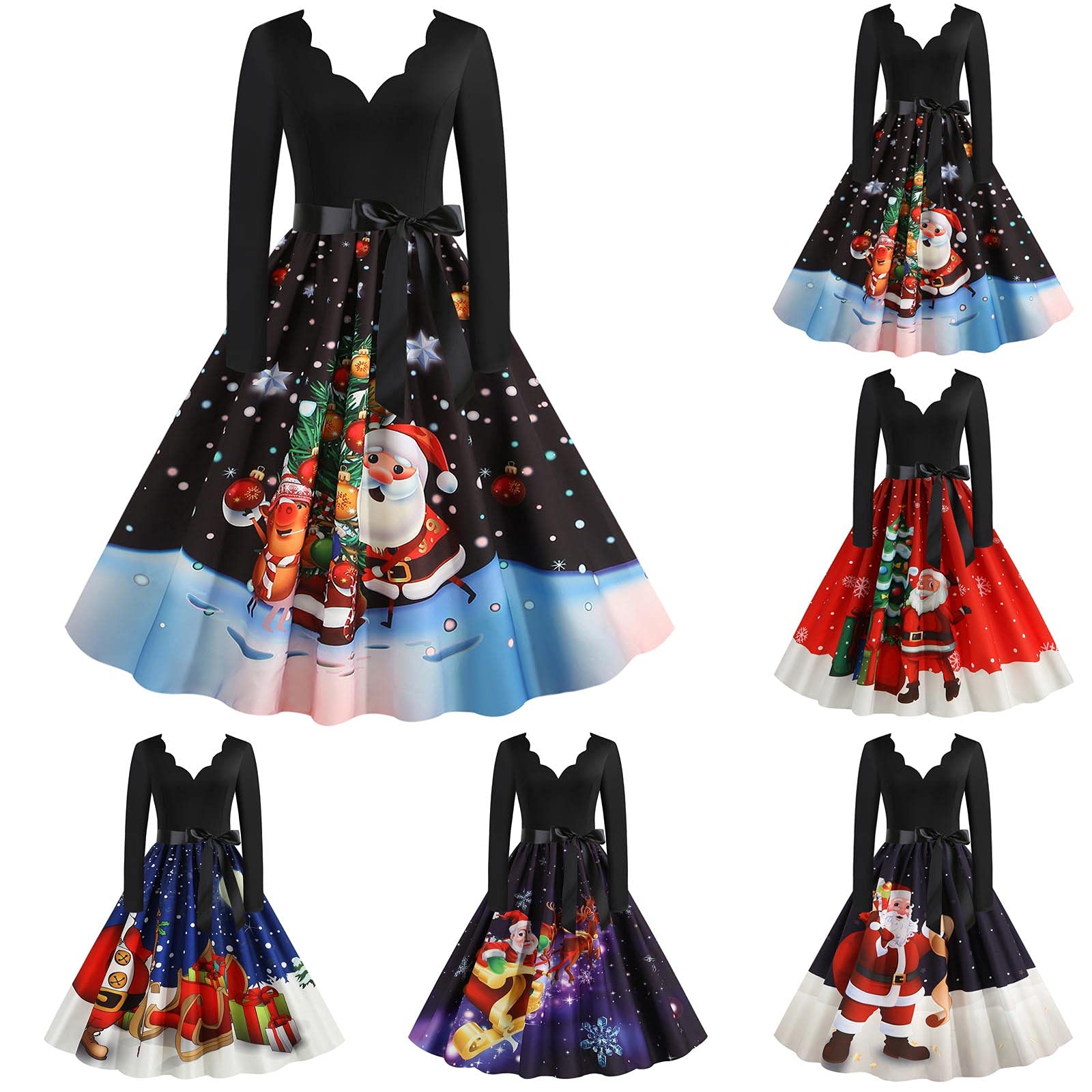 Abito Natalizio Donna Manica Lunga - Vestito Midi Elegante Scollo A V Slim Fit, Stampa Festiva Con Motivi Natalizi, Tessuto Misto Cotone/Nylon