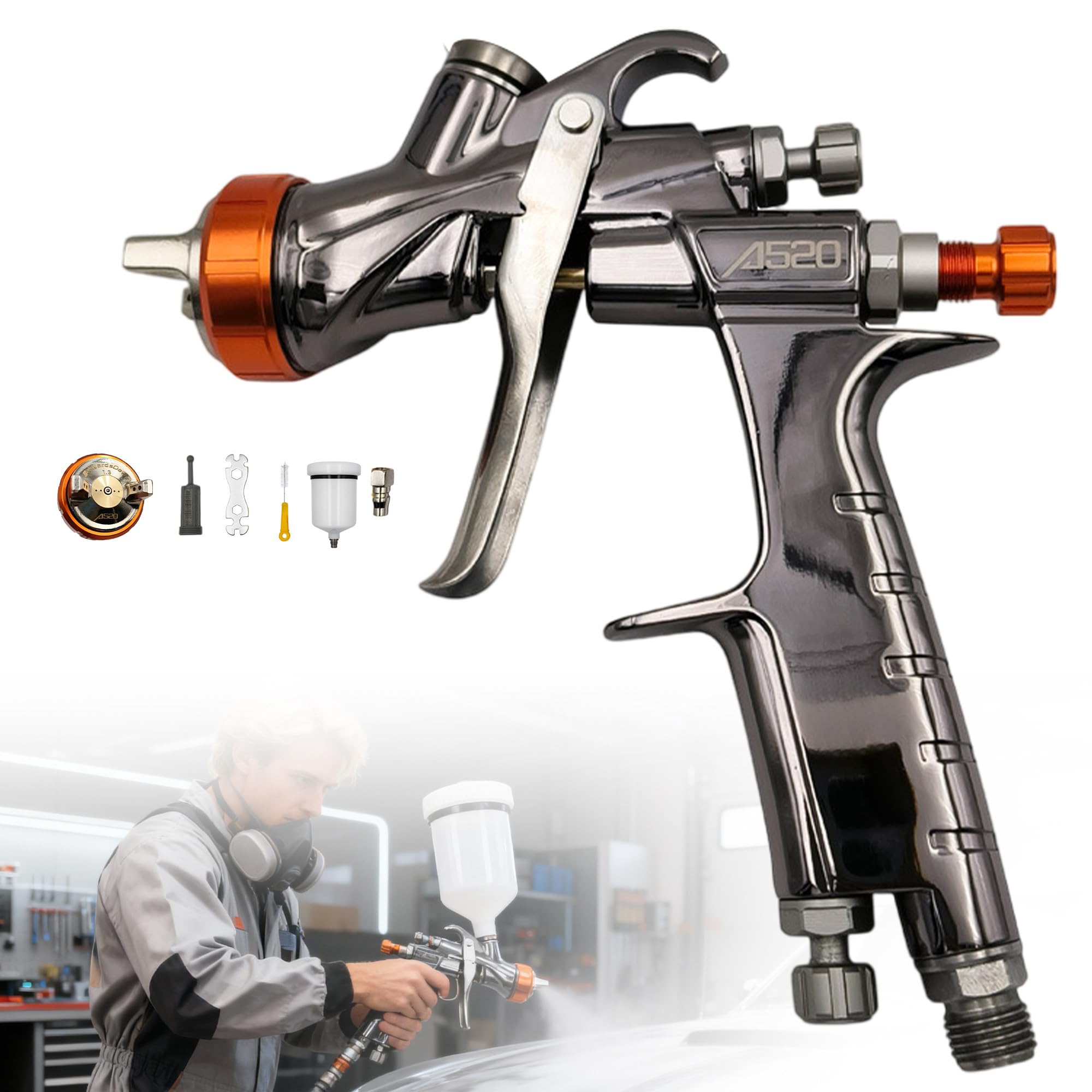 Pistolet Lakierniczy Powietrzny, Pistolet do Malowania, 600 ml Kubki do farby, Pistolet natryskowy z kubkiem, Pistolet do Malowania Drewna, do Malowania Domów, Samochodów, Mebli 1.3mm
