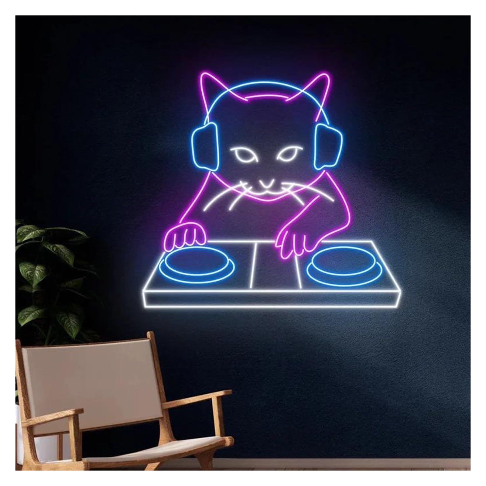 Insegna al Neon Insegna Al Neon A Con Gatto DJ Che Suona Musica Per Bambini, Camera Da Letto, Negozio Di Animali, Decorazione Da Parete Per La Casa, 38cmx35cm