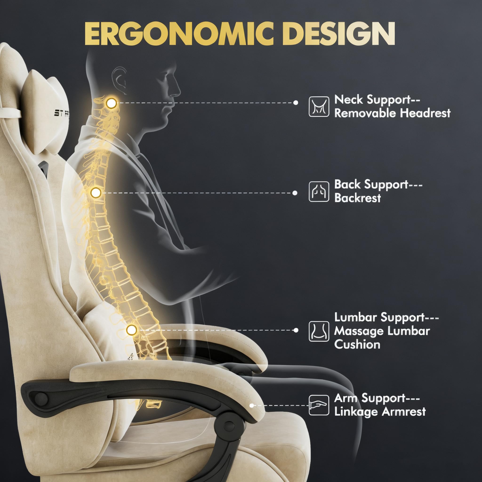 Huracan Gaming Stuhl mit Massage Lendenwirbelstütze, Verstellbare Armlehnen Gaming Chair, Gamer Stuhl Ergonomisch mit Fußstütze, Samtstoff, 90-160° Rückenlehne verstellbar Gaming Sessel, 150KG（Beige）