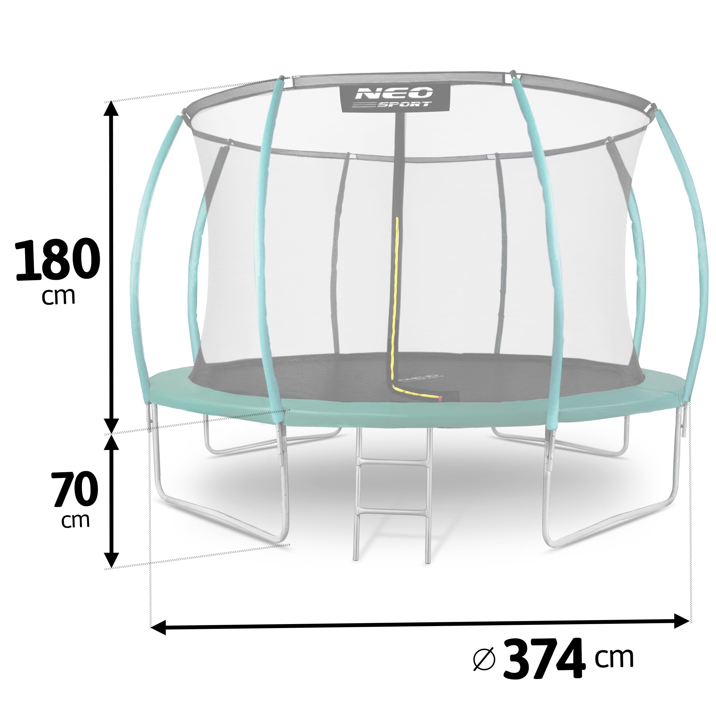 Neo-Sport Trampoline voor buiten, kinderen, tuintrampoline, veiligheidsnet, ladder, gevoerde stangen, weerbestendig, roestvrij, belastbaar tot 150 kg, blauw/zwart, 312 cm