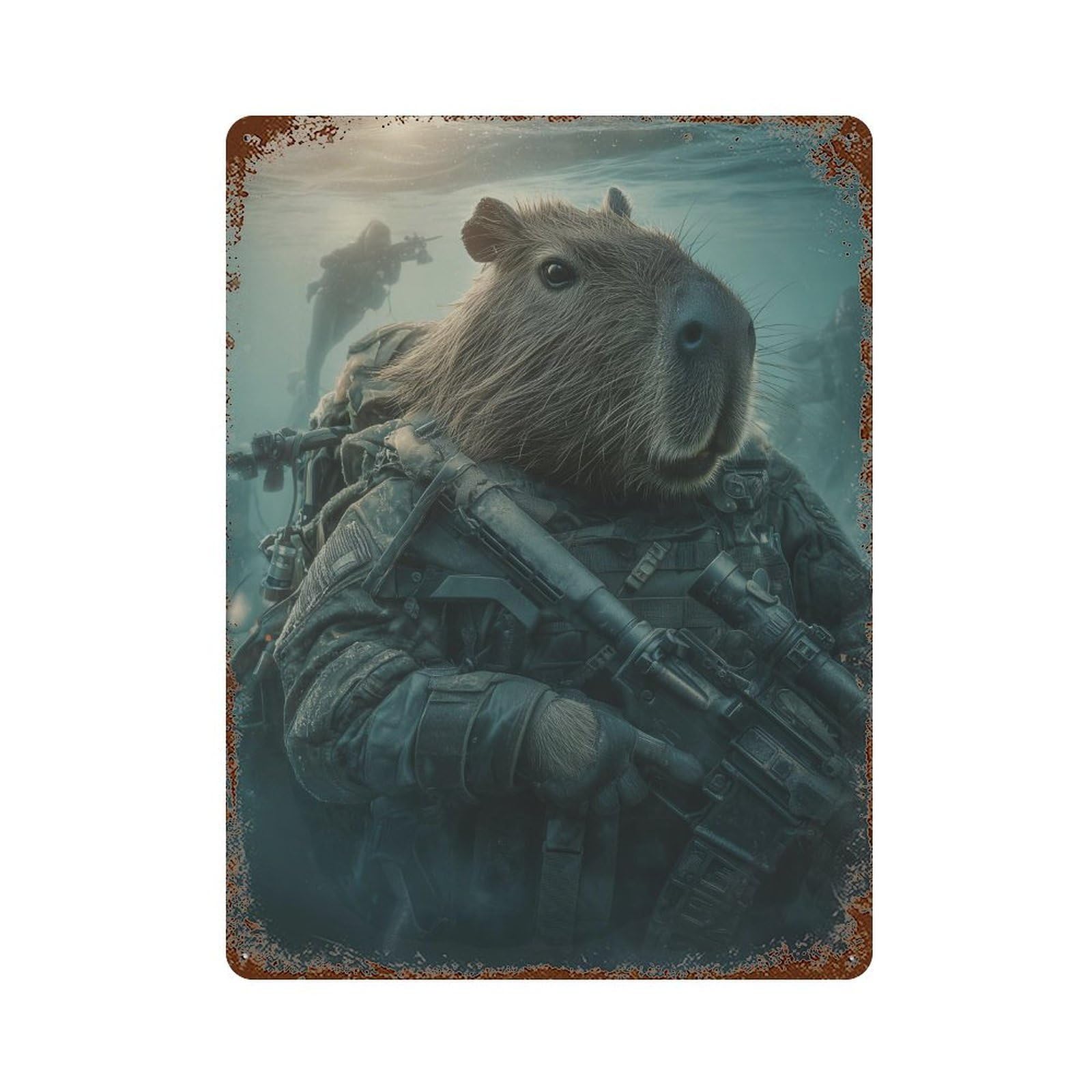 Capybara Soldier Underwater Retro Metal Sign 15.7"x11.8", Decorative Metal Wall Art for Garage, Bar And Workshop Decor