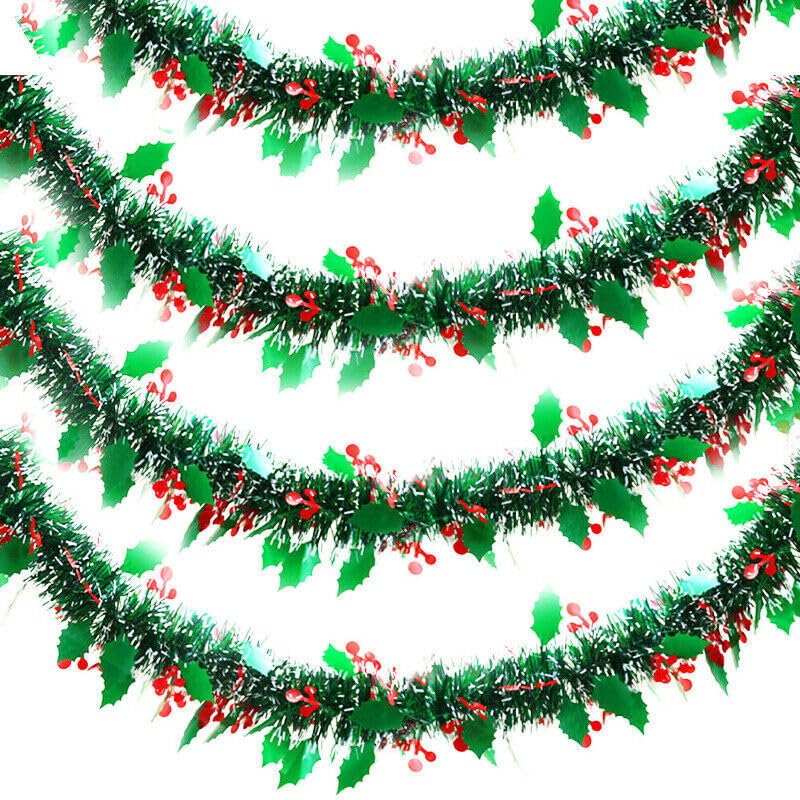 Christmas Tinsel Garland Metallic Green Holly Berry Tree Decorations With Red Berries and Leaves for Holiday Party (6 Metres)
