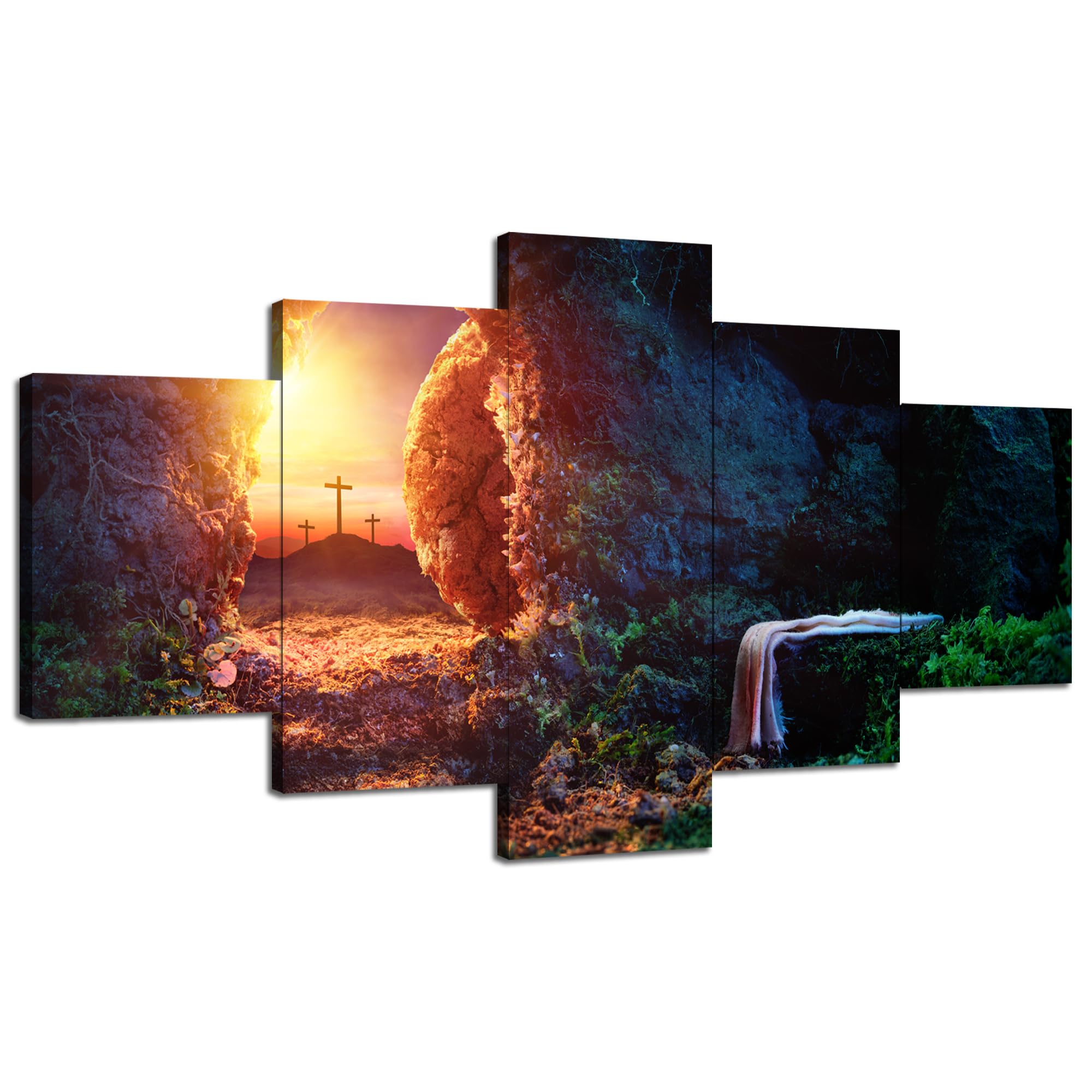 Jesus Empty Tomb Wall Art Jesus Resurrection Wall Decor Christian Cross Picture Canvas Print Painting Poster Framed Home Living Room Bedroom Decoration Ready to Hang(60''Wx32''H)