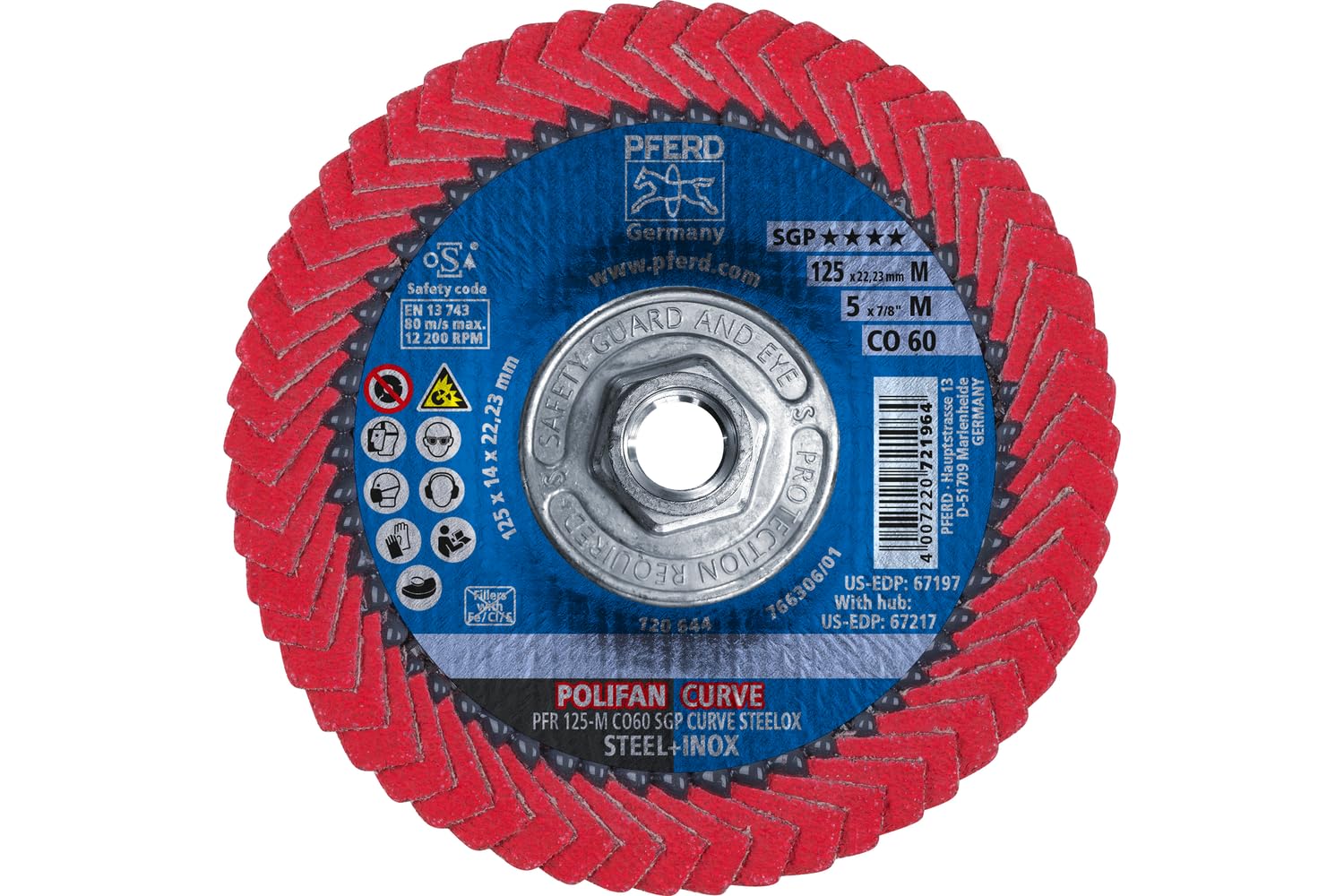 Pferd 67217 polifan PFR Curve Radial Tipo Flap disco, óxido de cerámica, 5 cm de diámetro, 5/8 – 11 hilo, 12200 RPM, 60 Grit