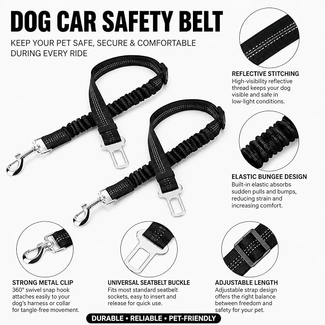 Foto 3 de 7 de 2 Piezas Cinturón Perro Coche Arnés Seguridad con Absorción de Golpes Mosquetón Ajustable 52-82 Cm