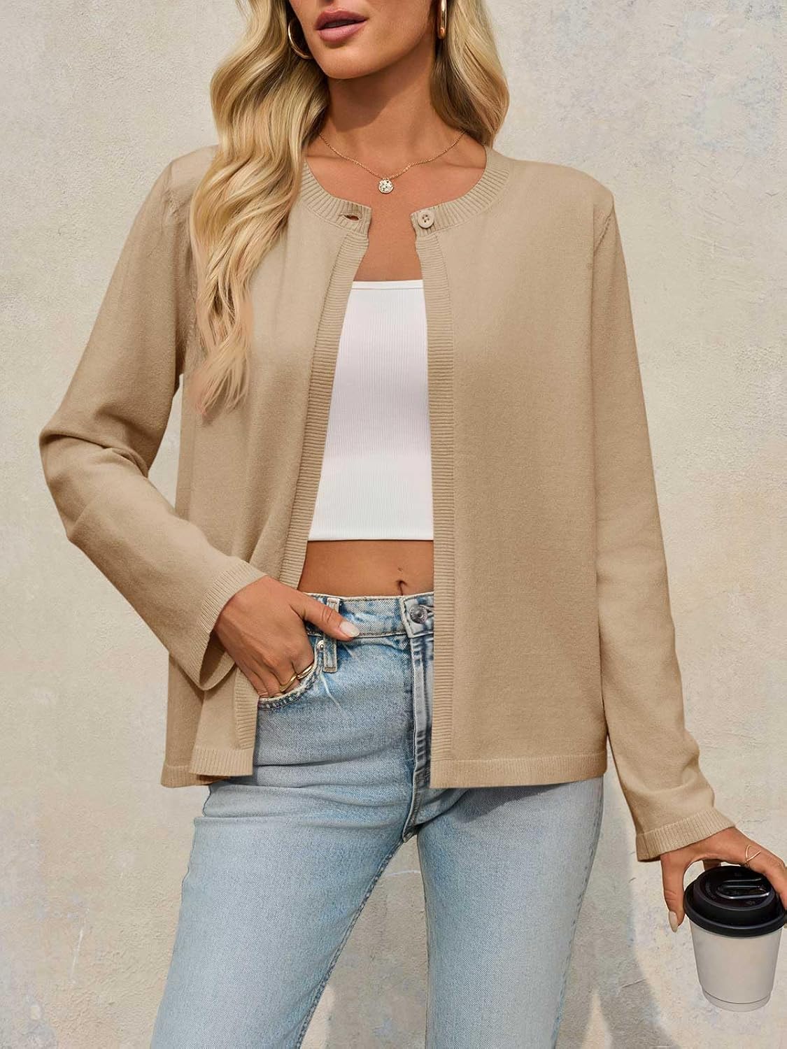 Saodimallsu Womens Lightweight Cardigans Open Front Long Sleeve One Button Casual Crewneck Loose Knit Shrug Sweater - Image 2