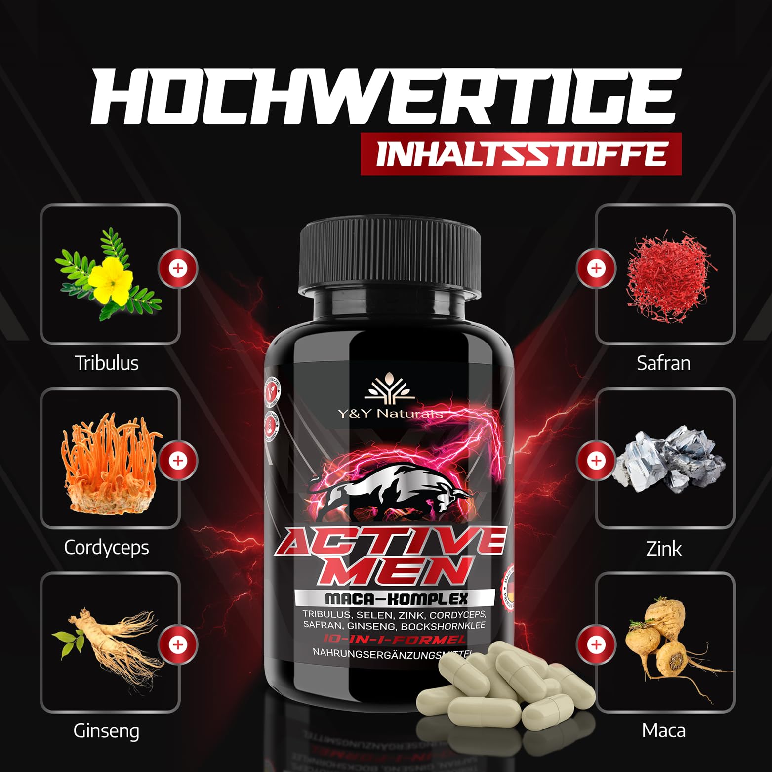 Männer Testosteron¹ Kapseln – 10-in-1 Komplex mit Maca 20:1, Tribulus, Bockshornklee, Zink, Selen & Safran | Active Men | Vegan, Laborgeprüft, Made in Germany | Alternative zu Ashwagandha