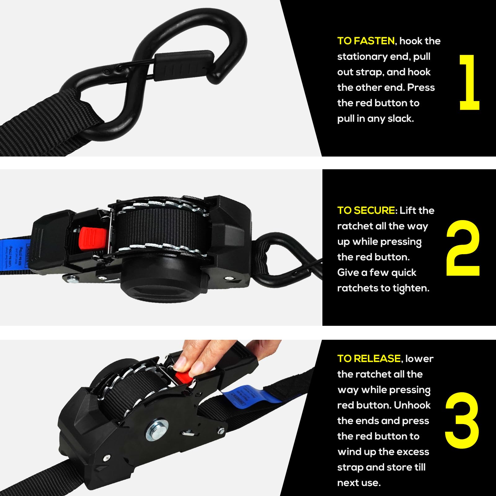 ANLULOAD - Correa de trinquete retráctil (1 pulgada x 10 pies), correa de amarre de trinquete para motocicletas, barcos, ATV, Utvs. Peso neto: 700 libras/B.S: 2.2 libras (4 paquetes) (negro)