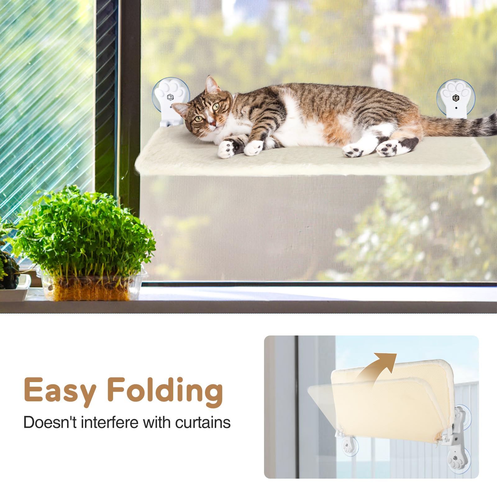 Percha plegable para ventana de gato, hamaca inalámbrica para ventana con 4 ventosas, cama con ventana para gatos en el interior con cubierta reversible y marco de metal sólido (beige, mediano)