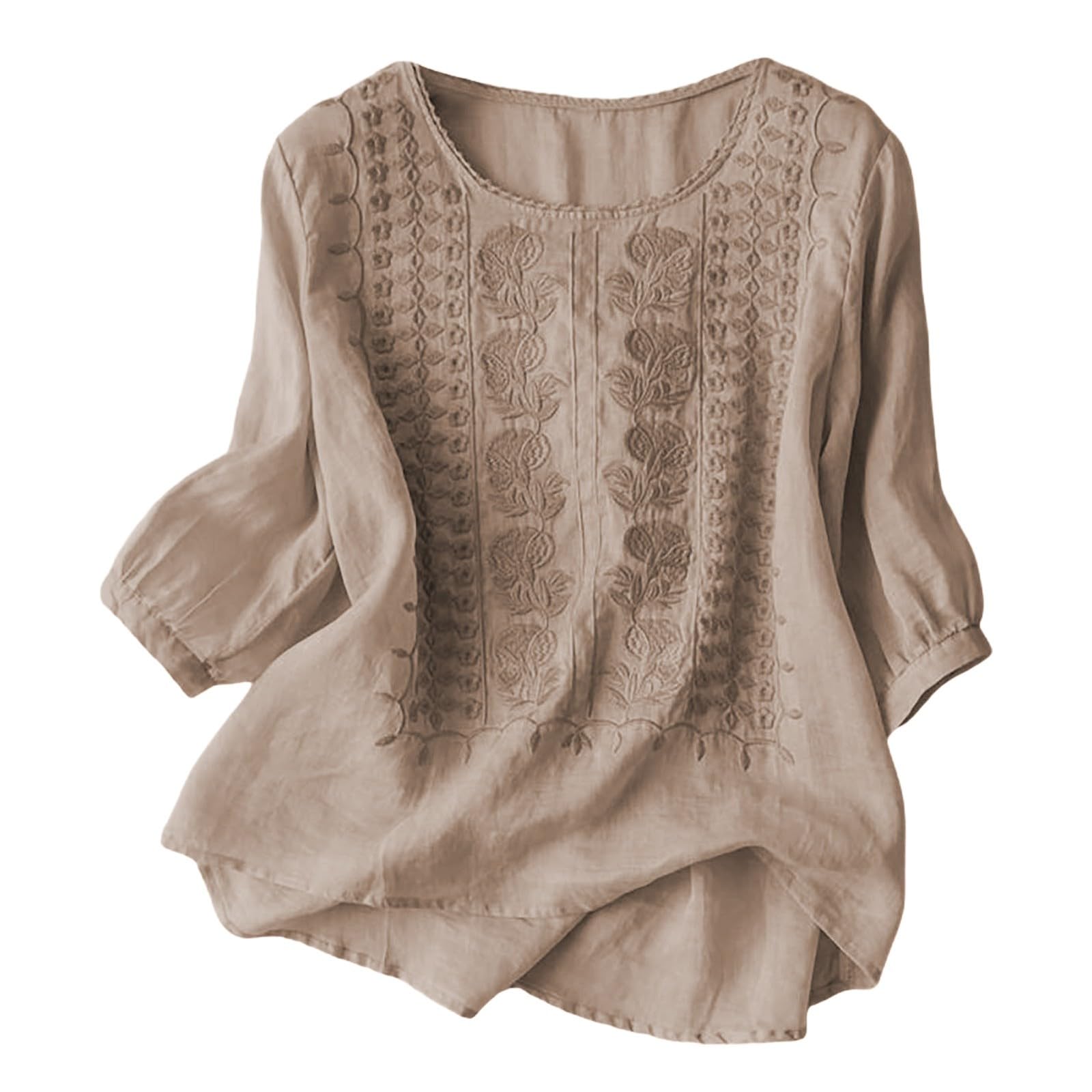 Generisch Tuta da donna per il tempo libero, moderna, elegante, set da donna, in due pezzi, grandi dimensioni, comoda, in lino, maniche a 3/4, maglione con ricamo, tuta da casa, pantaloni larghi