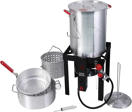 Freidora de pavo de aluminio de 30 cuartos de galón con cesta, freidora de propano para exteriores de 50,000 BTU con freidora de pescado de 10