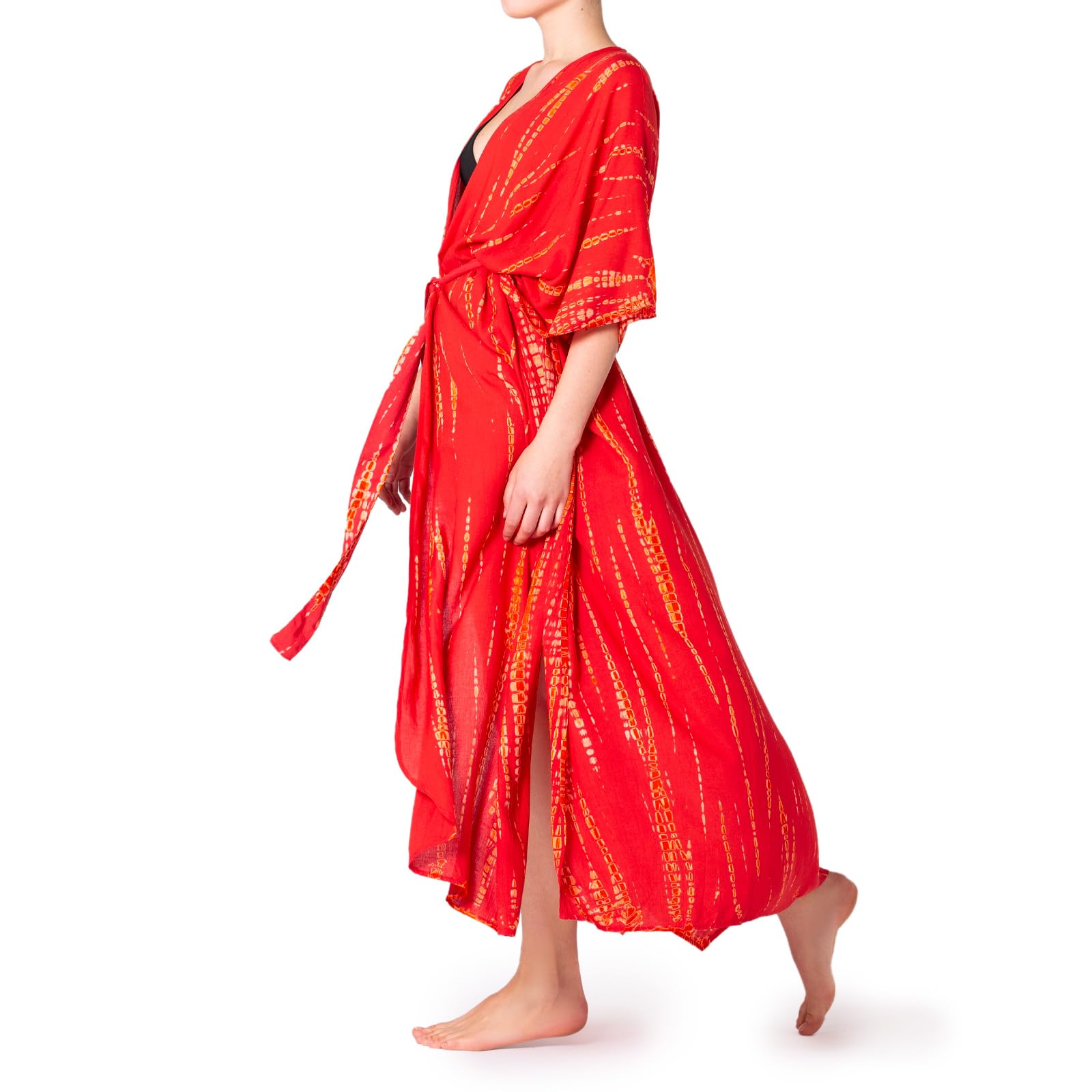 PANASIAM Kimono Batik Damski - Maxi Kimono Plażowe - Luźne Pareo | Tunika plażowa z wiskozy, Lekkie kimono jako narzutka na bikini, z paskiem do wiązania, Styl boho, Dla rozmiarów M-XL