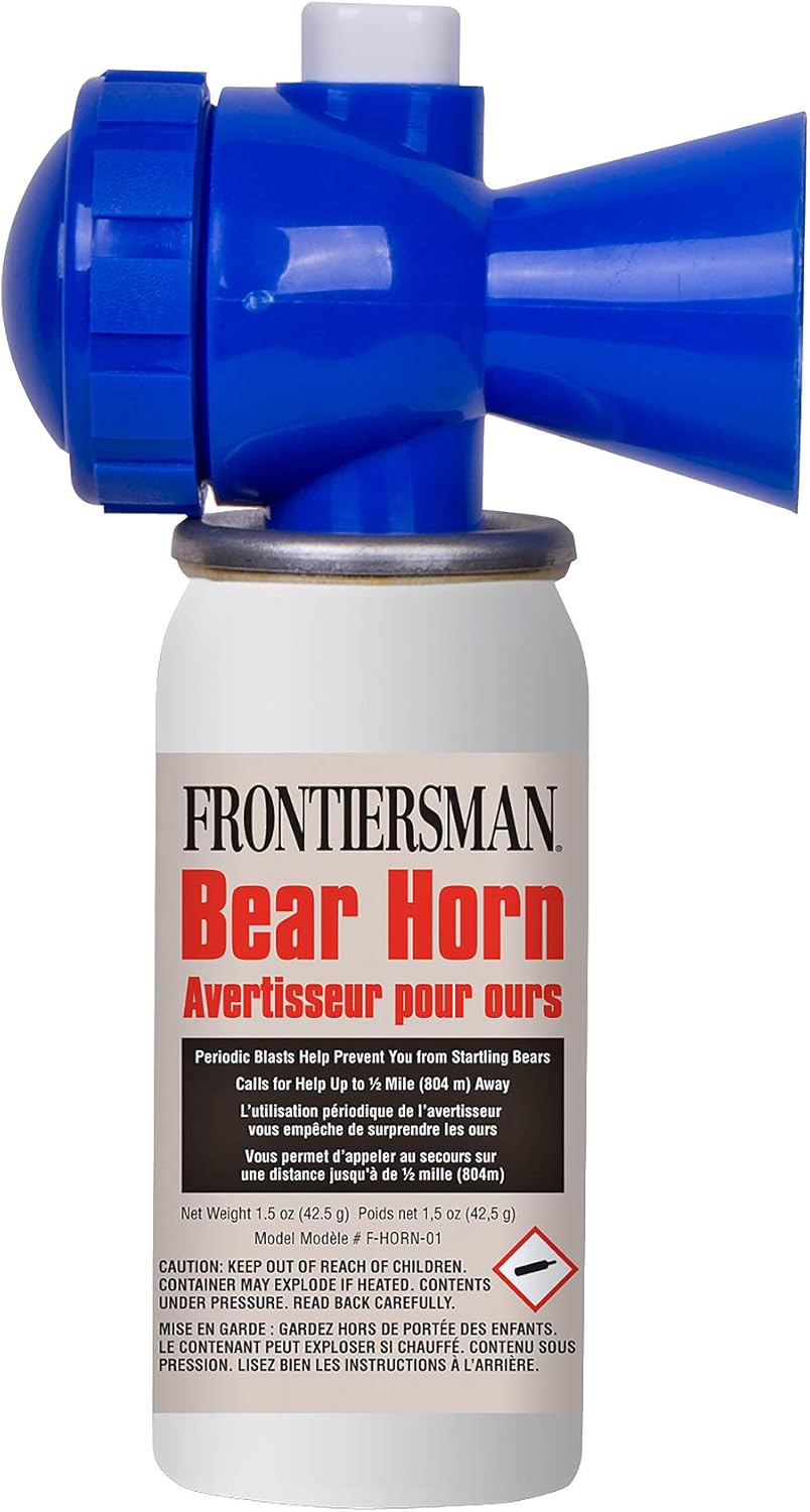 SABRE Frontiersman Bear Horn, 130dB Audible Up to 0.5 Miles, Nonflammable & Eco-Friendly, On/Off Lock Prevents False Alarms, 60 ¼-Second Blasts, Bear Spray Companion, Designed & Assembled in USA