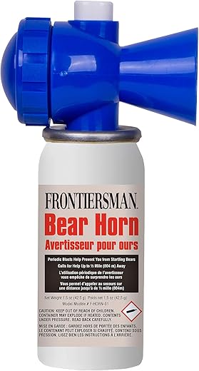 Frontiersman Bear Horn with On/Off Locking Top to Prevent Accidental Deployment, 115dB, Audible up to 0.5 Miles (805 Meters), 60-1/4 Second Bursts Alerts Bears of Human Presence, Easy to Store