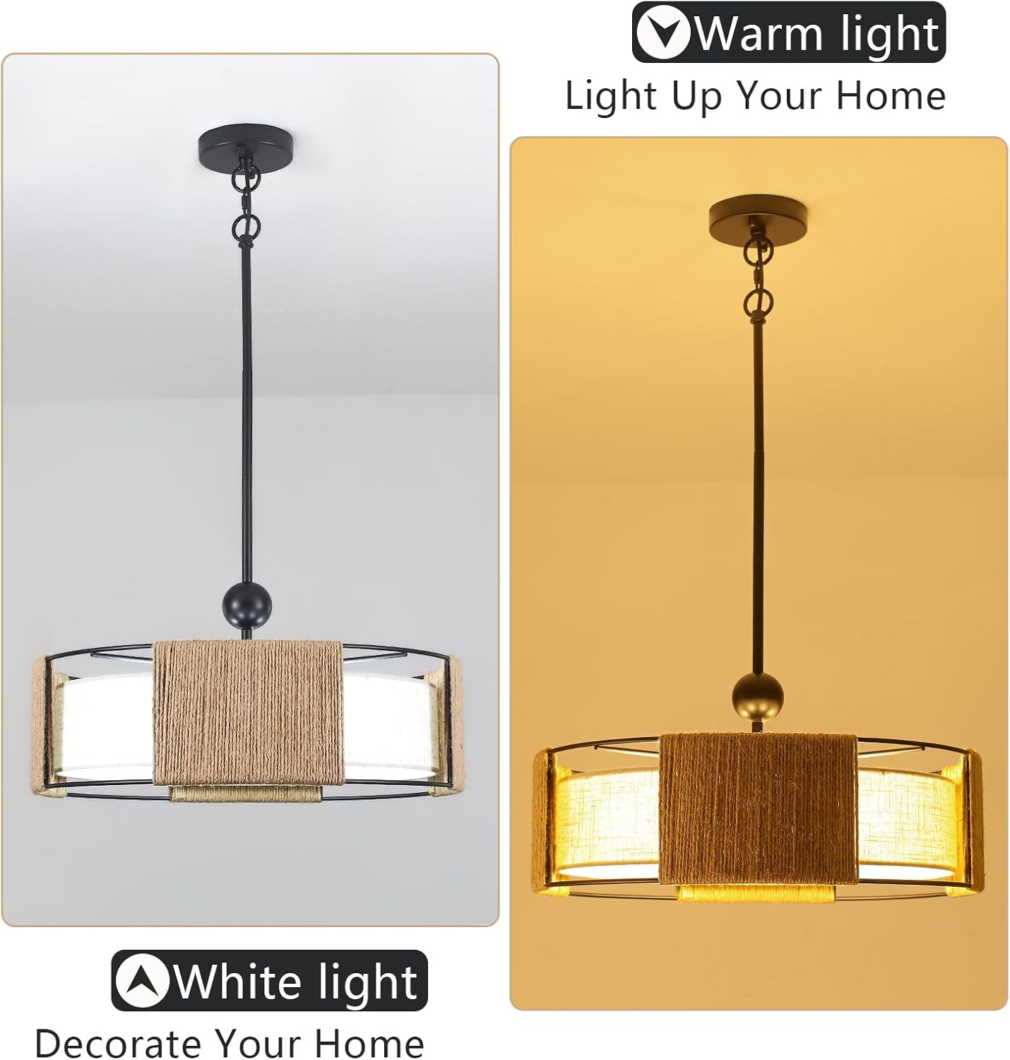 Boho Farmhouse Chandelier Light Fixture, 5-Light Adjustable Rattan Pendant Light, Hand-Woven Wicker with Linen Shade, Rustic Hanging Lighting for Dining Room Kitchen Island Bedroom Entryway