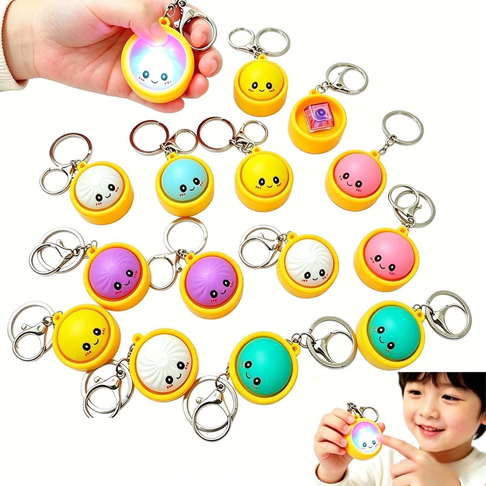 6 Pcs Glowing Dumpling Keychain, Mini Dumpling Squishies Stress Relief Fidget Clicker Keychain, Hard-Plastic Anxiety Relief & Focus Boost Quiet Toys for Adults at Work, Travel, Home (24)