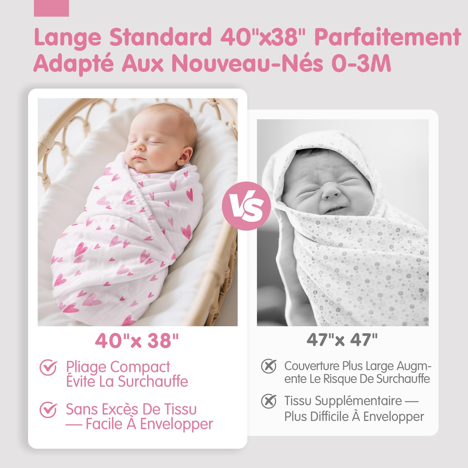 hahaland Couvertures d'Emmaillotage 100% Mousseline de Bambou pour Bébé - Lot de 3 (1 Grande 120x120 cm + 2 Standard 100x100 cm), Ultra-Douces, Respirantes, Essentiels pour Les Nouveau-nés - Rose