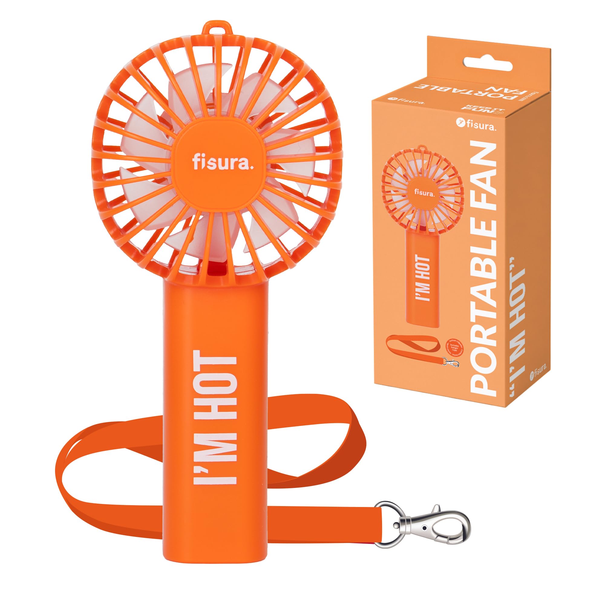Fisura I'm H*T, Orange – “I’m Hot” Portable Handheld Fan, Rechargeable Orange Fan With 3 Speeds And Strap, Compact Cooling Accessory For Travel And Everyday Use - 13.5 X 6 X 5 Cm