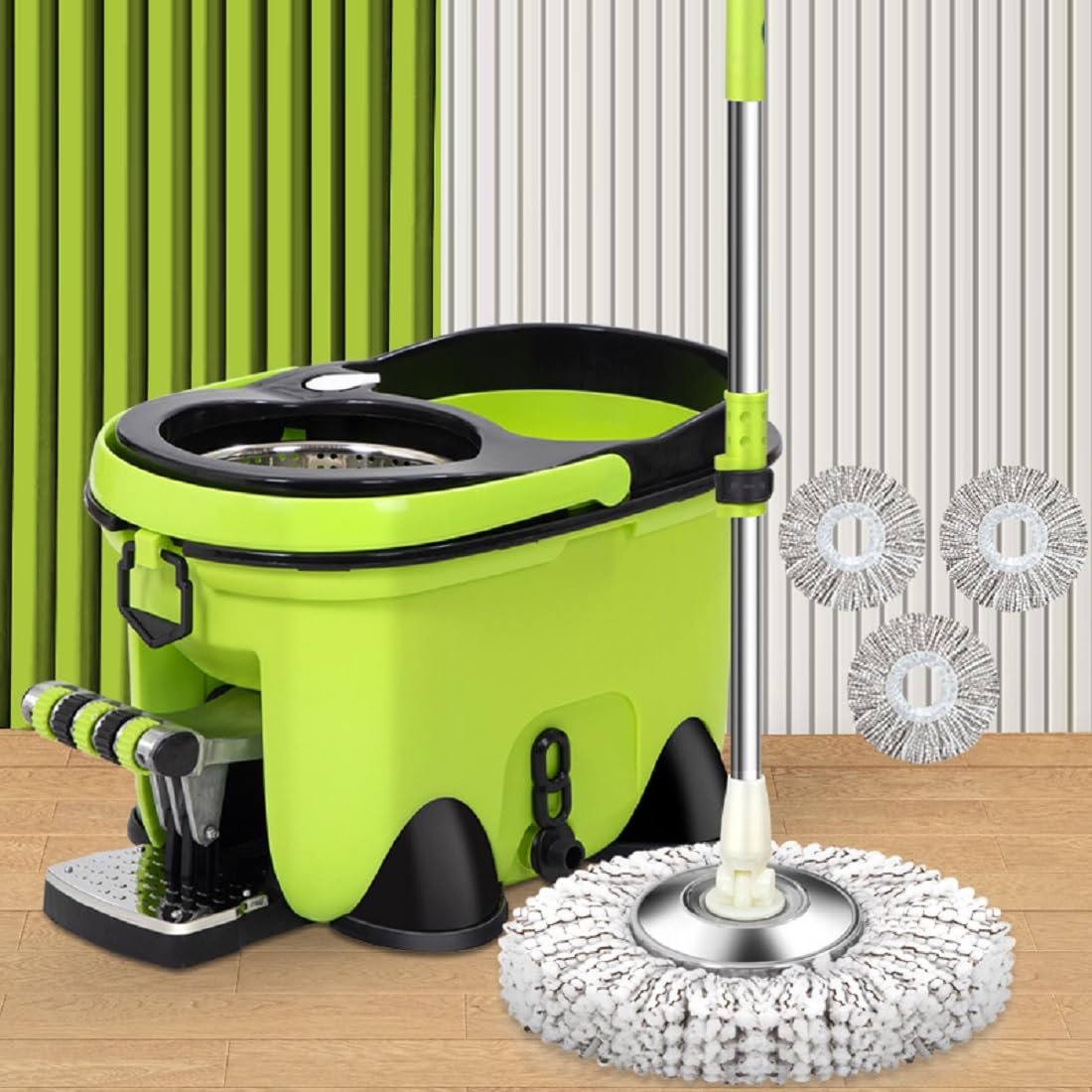 Juego De Cubo De Fregona para Suelos Giratoria con Pedal - Mango Telescópico 111-132Cm - Juego De Fregona Y Cubo, Mopas De Limpieza De Suelos con 4 Almohadillas De Microfibra,Verde