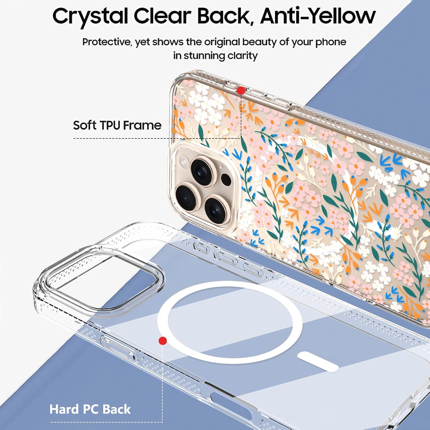 OOK Magnetic for iPhone 16 Pro Max Case, Clear Cute Flowers Floral [Not Yellowing][Screen Protector] [ MagSafe Compatible ] with Full Camera Lens Military-Grade Protected, Flowers Vines (6.9")
