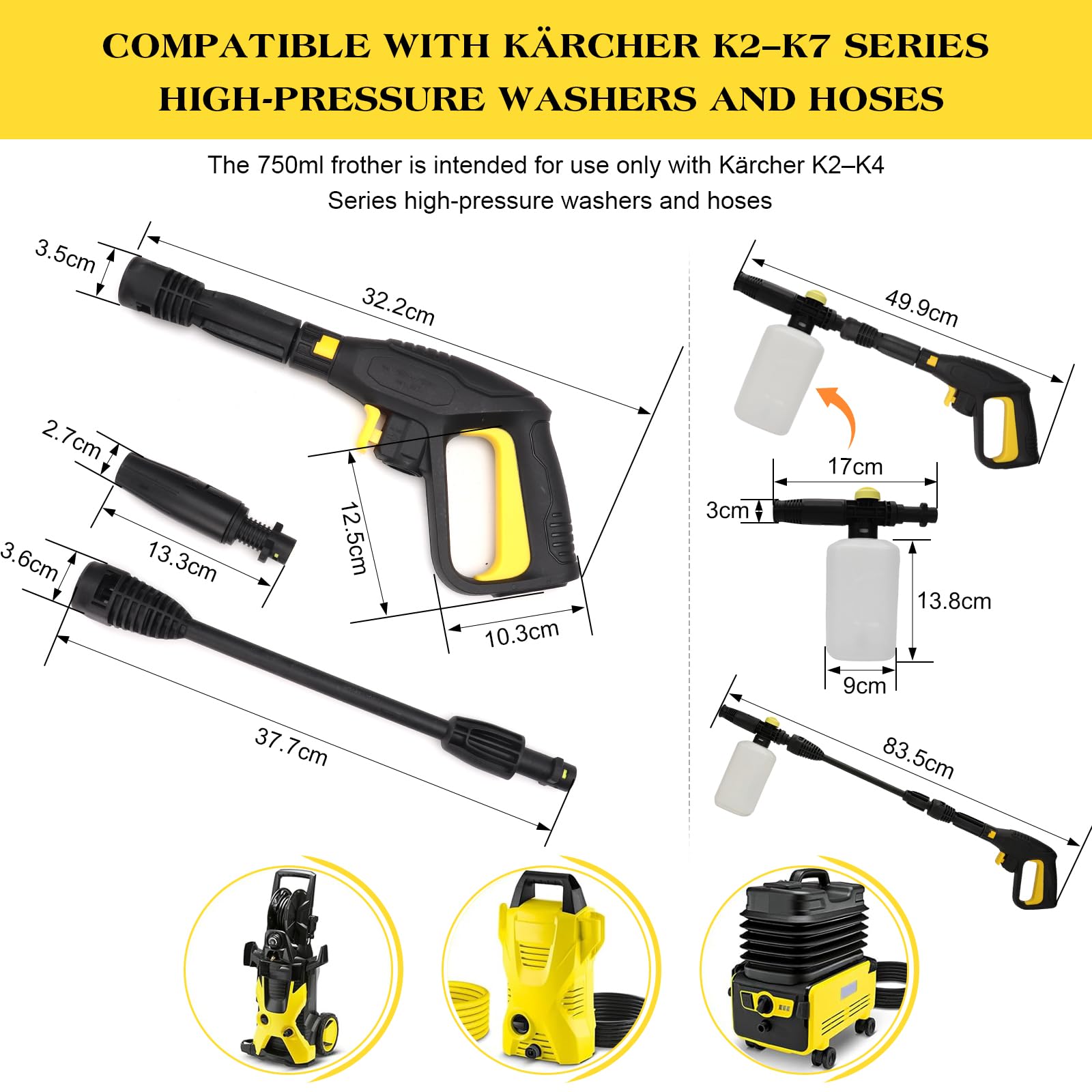 Pistola de repuesto para limpiadora de alta presión Karcher K2 K3 K4 K5 K6 K7 de repuesto para hidrolimpiadora de alta presión con lanza, botella de pistola de pistola de espuma de 750 ml, boquilla de