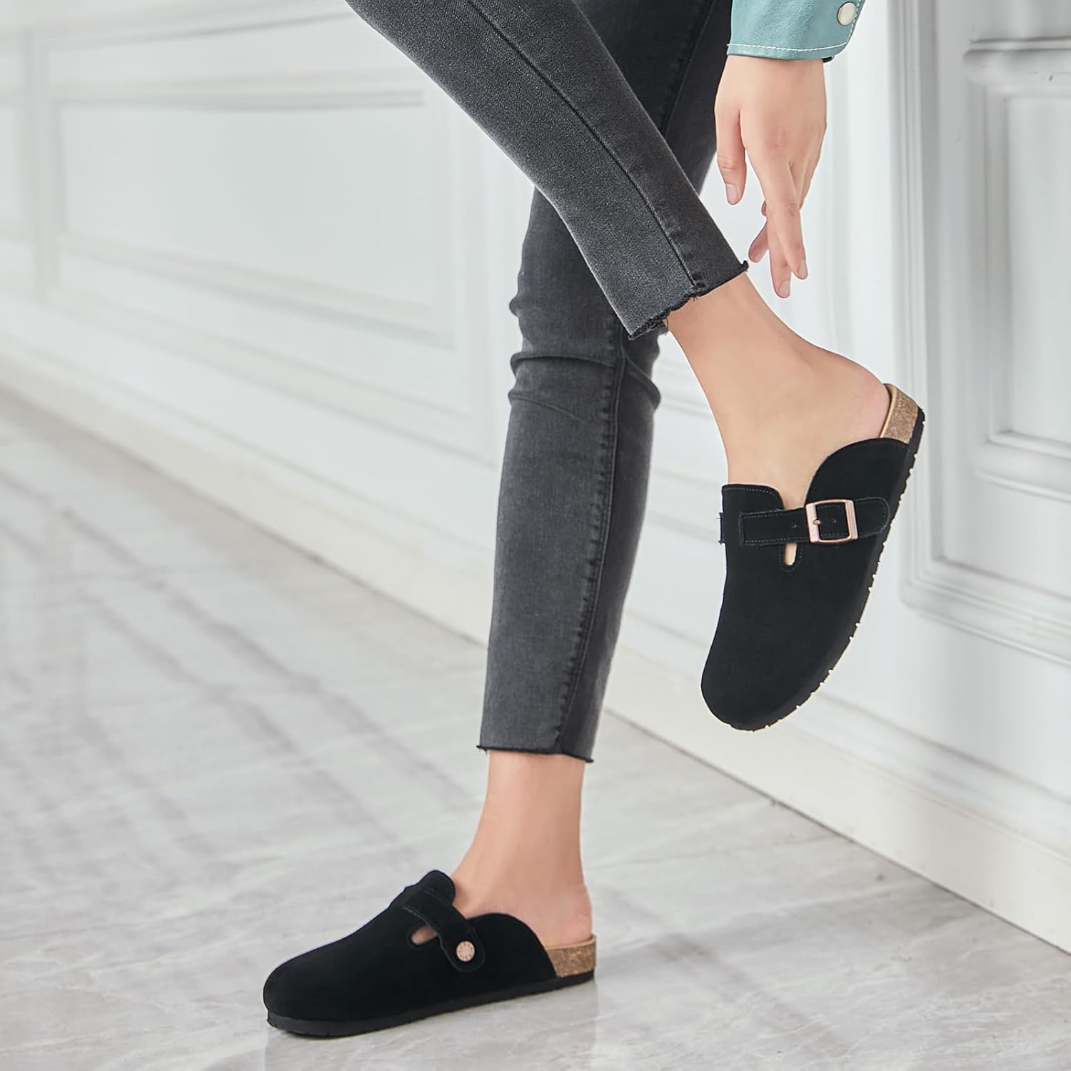 Dumalum Women's Suede Clog Leather Mules Arch Support Potato Shoes with Comfort Cork Footbed - Clogs for Women Men Unisex Antislip Slippers Sandals - Image 2