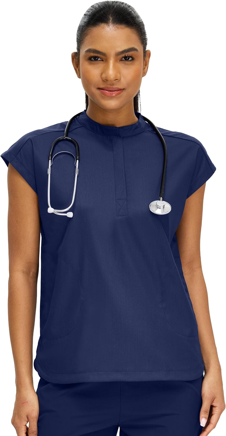 Women’s Medical Scrub Top, Mandarin Collar Nursing Scrub Shirt, Loose Fit Healthcare Uniform Top with 2 Pockets