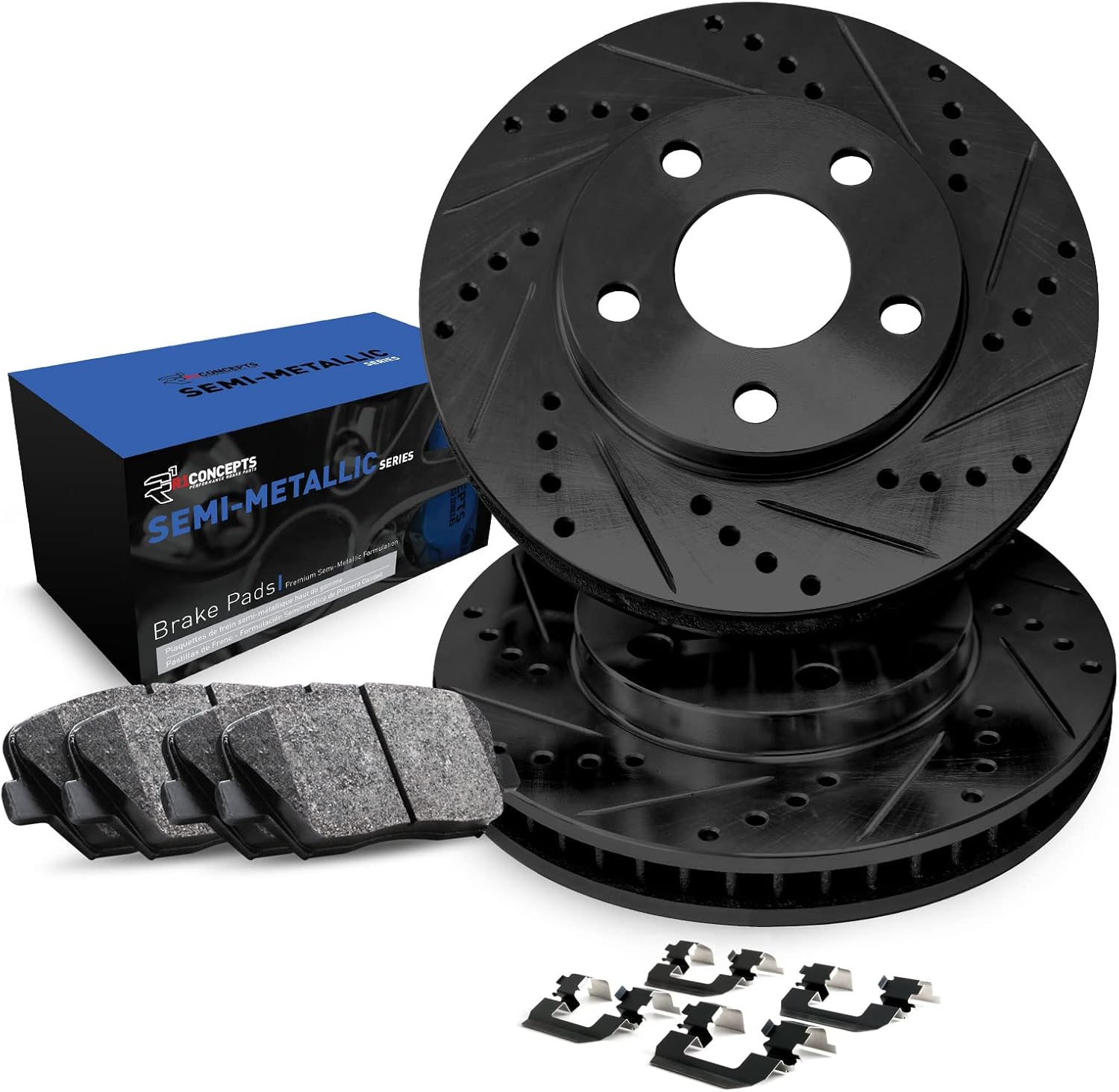 R1 Concepts Rear Brake Kit For 2004-2006 Lexus RX330, 2007-2009 Lexus RX350, 2006-2008 Lexus RX400h| Drilled Slotted Brake Rotors| Semi-Metallic Brake Pads and Rotors Kit| Hardware included