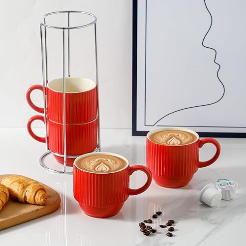 Miniatura 2 de Hasense Juego de 4 tazas de café de 12 onzas con estante, tazas de café apilables rojas de cerámica, modernos juegos de tazas de café acanalado para