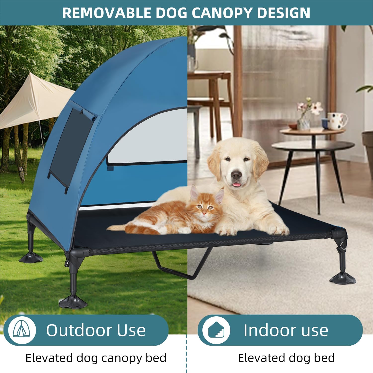 review Elevated Outdoor Dog Bed with Canopy, Cooling Raised Dog Cot Bed with Removable Shade, Portable Pet Bed Cot with 360° Adjustable & Non-Slip Feet, Dog Tent Bed for Large Dogs Camping, Indoor & Outdoor