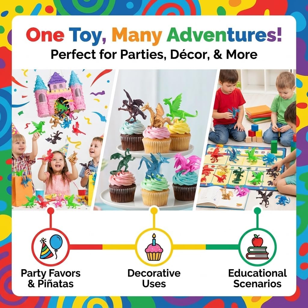 Bedwina Mini Dragon Toy Figures - (Pack of 36) 2 Inch Plastic Rubbery Dragon Figurines in Assorted Colors and Styles - Kids Toys for Birthday Party Favors, Decorations, Cupcake Toppers and Piñatas