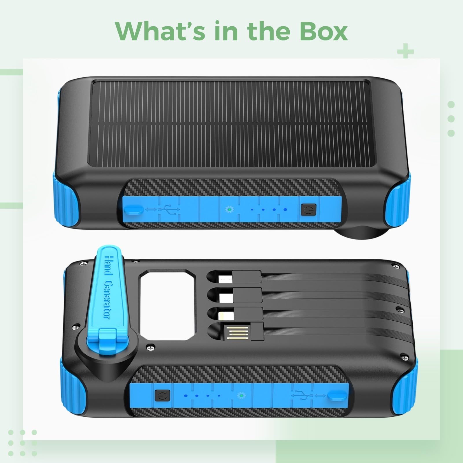 20000mAh Solar Powerbank mit Handkurbel Generator, Schnellladung Tragbares Ladegerät, 3 Ausgangskabel, LED-Taschenlampe und Campinglicht, UKCA-Zertifizierung, für Outdoor-Camping