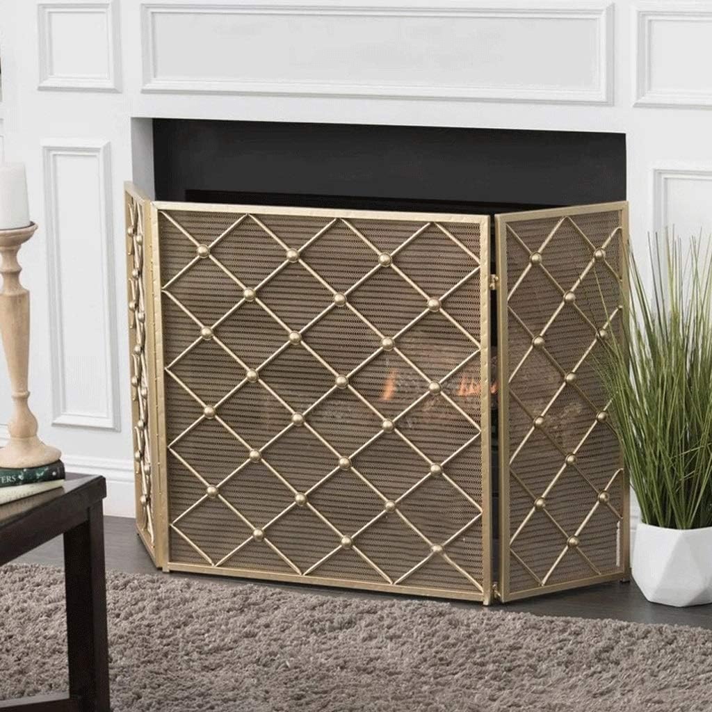 Fireplace Screen Folding Fireplace Screens - 3 Panel Shield Wrought Iron Fireplace Screen Outdoor Privacy Screens Decorative Forwplace Fence Guard Pleasant Hearth Fireplace,Gold