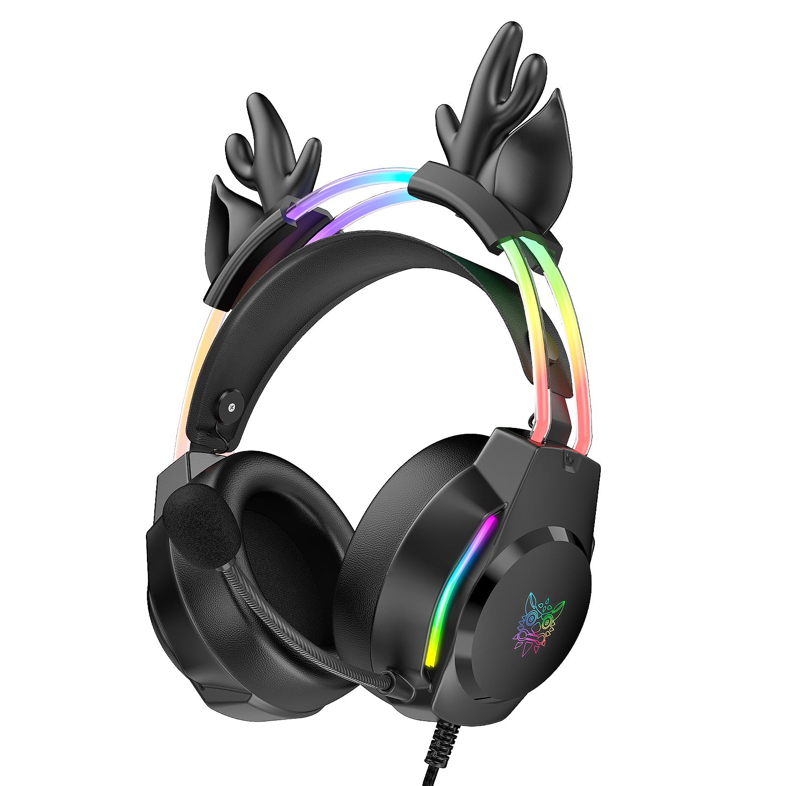 Gaming Headset with Microphone, Deer Ears Headphones for PC Laptop PS4 PS5 Xbox Switch, Rainbow RGB Lighting & Virtual Surround Sound, 3.5mm Over Ear Headphones, Ergonomic