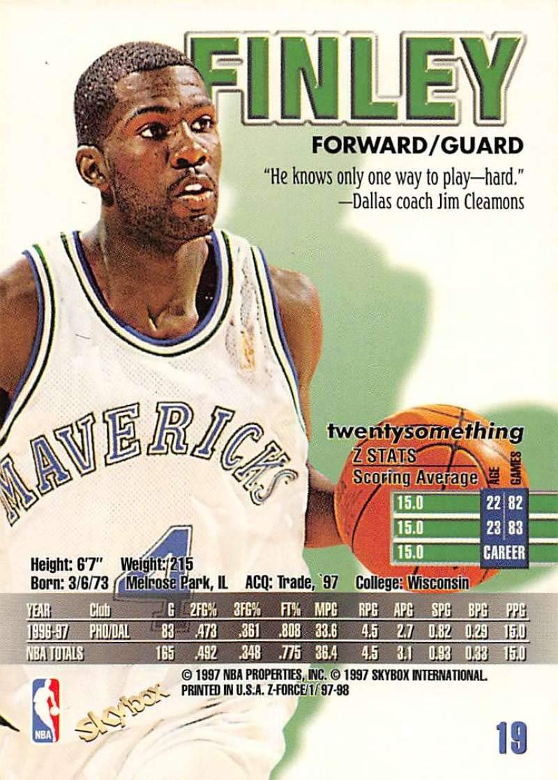 Amazon.com: 1997-98 Z-Force Basketball #19 Michael Finley Dallas